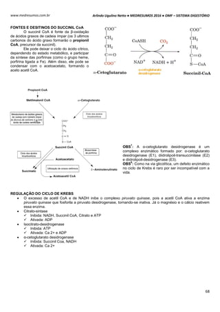Arlindo Ugulino Netto ● MEDRESUMOS 2016 ● OMF – SISTEMA DIGESTÓRIO
68
www.medresumos.com.br
FONTES E DESITINOS DO SUCCINIL CoA
O succinil CoA é fonte da β-oxidação
de ácidos graxos de cadeia ímpar (os 3 ultimos
carbonos do ácido graxo formarão o propionil
CoA, precursor da succinil).
Ele pode deixar o ciclo do ácido cítrico,
dependendo do estado metabólico, e participar
da síntese das porfirinas (como o grupo heme,
porfirina ligada a Fe). Além disso, ele pode se
condensar com o acetoacetato, formando o
aceto acetil CoA.
OBS
7
: A α-cetoglutarato desidrogenase é um
complexo enzimático formado por: α-cetoglutarato
desidrogenase (E1), diidrolipoil-transuccinilase (E2)
e diidrolipoil-desidrogenase (E3).
OBS
8
: Como na via glicolítica, um defeito enzimático
no ciclo de Krebs é raro por ser incompatível com a
vida.
REGULAÇÃO DO CICLO DE KREBS
 O excesso de acetil CoA e de NADH inibe o complexo piruvato quinase, pois a acetil CoA ativa a enzima
piruvato quinase que fosforila a piruvato desidrogenase, tornando-se inativa. Já o magnésio e o cálcio reativem
essa enzima.
 Citrato-sintase
 Inibida: NADH, Succinil CoA, Citrato e ATP
 Ativada: ADP
 Isocitrato-desidrogenase
 Inibida: ATP
 Ativada: Ca 2+ e ADP
 α-cetoglutarato desidrogenase
 Inibida: Succinil Coa, NADH
 Ativada: Ca 2+
 
