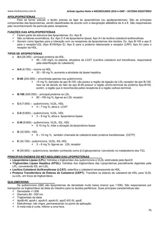 Arlindo Ugulino Netto ● MEDRESUMOS 2016 ● OMF – SISTEMA DIGESTÓRIO
76
www.medresumos.com.br
APOLIPOPROTEÍNAS
Para se tornar solúvel, o lipídio precisa se ligar às apoproteínas (ou apolipoproteínas). São as principais
componentes das lipoproteínas, sendo classificadas de acordo com a designação alfabética de A a E. São responsáveis
pelo reconhecimento da partícula pelos receptores.
FUNÇÕES DAS APOLIPOPROTEÍNAS
 Fazem parte da estrutura das lipoproteínas. Ex: Apo B.
 São co-fatores enzimáticos. Ex: Apo C-II da lipoproteína lipase; Apo A-I da lecitina colesterol-aciltransfrase.
 Servem como ligantes para a interação com os receptores de lipoproteínas dos tecidos. Ex: Apo B-100 e apo E
para o receptor-LDL (Apo B100/Apo E); Apo E para a proteína relacionada a receptor (LRP); Apo A-I para o
receptor da HDL.
TIPOS DE APOPROTEÍNAS
 A-I (28.300) - principal proteína da HDL.
 90 –120 mg% no plasma; ativadora da LCAT (Lecitina colesterol acil transferase, responsável
pela esterificação do colesterol)
 A-II (8.700) – ocorre na HDL
 30 – 50 mg %; aumenta a atividade da lipase hepática.
 B-48 (240.000) – encontrada apenas nos quilomícrons.
 <5 mg %; derivado da apo B-100; não possui a região de ligação da LDL-receptor da apo B-100.
Isso se dá devido ao fato da apo B-48 possuir a região amino-terminal da proteína Apo-B100,
porém, a região que é reconhecida pelos receptores é a região carboxi-terminal.
 B-100 (500.000) – principal proteína na LDL.
 80 –100 mg %; liga-se ao LDL receptor
 C-I (7.000) – quilomícrons, VLDL, HDL
 4 – 7 mg %; ativa a LCAT
 C-II (8.800) – quilomícrons, VLDL, HDL
 3 – 8 mg %; ativa a lipoproteína lípase
 C-III (8.800) - quilomícrons, VLDL, IDL, HDL
 8 15 mg %; inibe a ativação da lipoproteína lípase
 D (32.500) - HDL
 8 – 10 mg %; também chamada de colesterol ester proteína transfererase (CETP)
 E (34.100) - quilomícrons, VLDL, IDL HDL
 3 – 6 mg %; liga-se ao LDL receptor
 H (50.000) – quilomícrons; também conhecido como β-2-glicoproteína I (envolvido no metabolismo dos TG).
PRINCIPAIS ENZIMAS DO METABOLISMO DAS LIPOPROTEÍNAS
 Lipoproteína Lipase (LPL): hidrolisa o triglicerídeo dos quilomícrons e VLDL estimulada pela ApoCII
 Triglicerídeo Lipase Hepática (HTGL): hidrólise dos triglicerídeos das Lipoproteínas parcialmente digeridas pela
LPL, convertendo IDL em LDL.
 Lecitina Colesterol Aciltransferase (LCAT): esterifica o colesterol remanescente da HDL.
 Proteína Transferidora de Ésteres de Colesterol (CEPT): Transfere os ésteres de colesterol de HDL para VLDL
ou LDL, em troca de triglicerídeos.
QUILOMÍCRONS
Os quilomícrons (QM) são lipoproteínas de densidade muito baixa (menor que 1.006). São responsáveis por
transportar os triglicerídeos da dieta do intestino para os tecidos periféricos. Suas principais características são:
 Densidade <1.006
 Diametro 80 - 500 nm
 Triglicerides da dieta
 ApoB-48, apoA-I, apoA-II, apoA-IV, apoC-II/C-III, apoE
 Eletroforese: não migra, permanecendo no ponto de aplicação.
 A meia-vida é curta, inferior a uma hora.
 