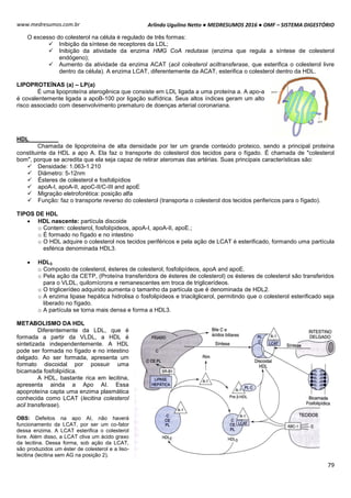Arlindo Ugulino Netto ● MEDRESUMOS 2016 ● OMF – SISTEMA DIGESTÓRIO
79
www.medresumos.com.br
O excesso do colesterol na célula é regulado de três formas:
 Inibição da síntese de receptores da LDL;
 Inibição da atividade da enzima HMG CoA redutase (enzima que regula a síntese de colesterol
endógeno);
 Aumento da atividade da enzima ACAT (acil colesterol aciltransferase, que esterifica o colesterol livre
dentro da célula). A enzima LCAT, diferentemente da ACAT, esterifica o colesterol dentro da HDL.
LIPOPROTEÍNAS (a) – LP(a)
É uma lipoproteína aterogênica que consiste em LDL ligada a uma proteína a. A apo-a
é covalentemente ligada a apoB-100 por ligação sulfídrica. Seus altos índices geram um alto
risco associado com desenvolvimento prematuro de doenças arterial coronariana.
HDL
Chamada de lipoproteína de alta densidade por ter um grande conteúdo proteico, sendo a principal proteína
constituinte da HDL a apo A. Ela faz o transporte do colesterol dos tecidos para o fígado. É chamada de "colesterol
bom", porque se acredita que ela seja capaz de retirar ateromas das artérias. Suas principais características são:
 Densidade: 1.063-1.210
 Diâmetro: 5-12nm
 Ésteres de colesterol e fosfolipídios
 apoA-I, apoA-II, apoC-II/C-III and apoE
 Migração eletroforética: posição alfa
 Função: faz o transporte reverso do colesterol (transporta o colesterol dos tecidos perifericos para o fígado).
TIPOS DE HDL
 HDL nascente: partícula discoide
o Contem: colesterol, fosfolípideos, apoA-I, apoA-II, apoE.;
o É formado no fígado e no intestino
o O HDL adquire o colesterol nos tecidos periféricos e pela ação de LCAT é esterificado, formando uma partícula
esférica denominada HDL3.
 HDL3
o Composto de colesterol, ésteres de colesterol, fosfolipídeos, apoA and apoE.
o Pela ação da CETP, (Proteína transferidora de ésteres de colesterol) os ésteres de colesterol são transferidos
para o VLDL, quilomícrons e remanescentes em troca de triglicerídeos.
o O triglicerídeo adquirido aumenta o tamanho da partícula que é denominada de HDL2.
o A enzima lipase hepática hidrolisa o fosfolipídeos e triacilglicerol, permitindo que o colesterol esterificado seja
liberado no fígado.
o A partícula se torna mais densa e forma a HDL3.
METABOLISMO DA HDL
Diferentemente da LDL, que é
formada a partir da VLDL, a HDL é
sintetizada independentemente. A HDL
pode ser formada no fígado e no intestino
delgado. Ao ser formada, apresenta um
formato discoidal por possuir uma
bicamada fosfolipídica.
A HDL, bastante rica em lecitina,
apresenta ainda a Apo AI. Essa
apoproteína capta uma enzima plasmática
conhecida como LCAT (lecitina colesterol
acil transferase).
OBS: Defeitos na apo AI, não haverá
funcionamento da LCAT, por ser um co-fator
dessa enzima. A LCAT esterifica o colesterol
livre. Além disso, a LCAT cliva um ácido graxo
da lecitina. Dessa forma, sob ação da LCAT,
são produzidos um éster de colesterol e a liso-
lecitina (lecitina sem AG na posição 2).
 