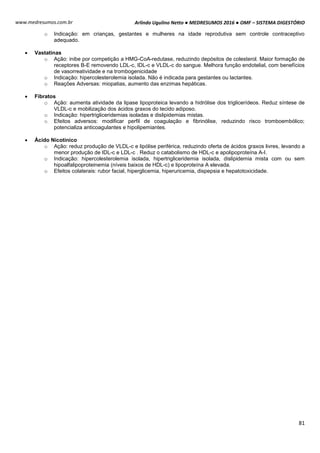 Arlindo Ugulino Netto ● MEDRESUMOS 2016 ● OMF – SISTEMA DIGESTÓRIO
81
www.medresumos.com.br
o Indicação: em crianças, gestantes e mulheres na idade reprodutiva sem controle contraceptivo
adequado.
 Vastatinas
o Ação: inibe por competição a HMG-CoA-redutase, reduzindo depósitos de colesterol. Maior formação de
receptores B-E removendo LDL-c, IDL-c e VLDL-c do sangue. Melhora função endotelial, com benefícios
de vasorreatividade e na trombogenicidade
o Indicação: hipercolesterolemia isolada. Não é indicada para gestantes ou lactantes.
o Reações Adversas: miopatias, aumento das enzimas hepáticas.
 Fibratos
o Ação: aumenta atividade da lipase lipoproteica levando a hidrólise dos triglicerídeos. Reduz síntese de
VLDL-c e mobilização dos ácidos graxos do tecido adiposo.
o Indicação: hipertrigliceridemias isoladas e dislipidemias mistas.
o Efeitos adversos: modificar perfil de coagulação e fibrinólise, reduzindo risco tromboembólico;
potencializa anticoagulantes e hipolipemiantes.
 Ácido Nicotínico
o Ação: reduz produção de VLDL-c e lipólise periférica, reduzindo oferta de ácidos graxos livres, levando a
menor produção de IDL-c e LDL-c . Reduz o catabolismo de HDL-c e apolipoproteína A-I.
o Indicação: hipercolesterolemia isolada, hipertrigliceridemia isolada, dislipidemia mista com ou sem
hipoalfalipoproteinemia (níveis baixos de HDL-c) e lipoproteína A elevada.
o Efeitos colaterais: rubor facial, hiperglicemia, hiperuricemia, dispepsia e hepatotoxicidade.
 