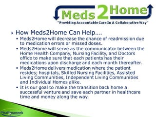  How Meds2Home Can Help….
 Meds2Home will decrease the chance of readmission due
to medication errors or missed doses.
 Meds2Home will serve as the communicator between the
Home Health Company, Nursing Facility, and Doctors
office to make sure that each patients has their
medications upon discharge and each month thereafter.
 Meds2Home delivers medication where the patient
resides; hospitals, Skilled Nursing Facilities, Assisted
Living Communities, Independent Living Communities
and Individual Homes alike.
 It is our goal to make the transition back home a
successful venture and save each partner in healthcare
time and money along the way.
 