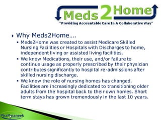  Why Meds2Home….
 Meds2Home was created to assist Medicare Skilled
Nursing Facilities or Hospitals with Discharges to home,
independent living or assisted living facilities.
 We know Medications, their use, and/or failure to
continue usage as properly prescribed by their physician
contributes significantly to hospital re-admissions after
skilled nursing discharge.
 We know the role of nursing homes has changed.
Facilities are increasingly dedicated to transitioning older
adults from the hospital back to their own homes. Short
term stays has grown tremendously in the last 10 years.
 