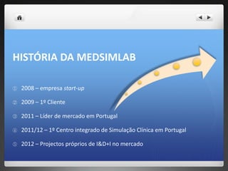 HISTÓRIA DA MEDSIMLAB

①   2008 – empresa start-up

②   2009 – 1º Cliente

③   2011 – Líder de mercado em Portugal

④   2011/12 – 1º Centro integrado de Simulação Clínica em Portugal

⑤   2012 – Projectos próprios de I&D+I no mercado
 