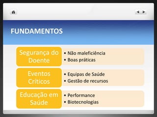 FUNDAMENTOS

 Segurança do   • Não maleficiência
    Doente      • Boas práticas

   Eventos      • Equipas de Saúde
   Críticos     • Gestão de recursos

 Educação em    • Performance
    Saúde       • Biotecnologias
 