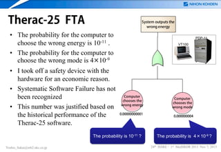 Therac-25 FTA

System outputs the
wrong energy

• The probability for the computer to
choose the wrong energy is 10-11 .
• The probability for the computer to
choose the wrong mode is 4×10-9
• I took off a safety device with the
hardware for an economic reason.
• Systematic Software Failure has not
been recognized
• This number was justified based on
the historical performance of the
Therac-25 software.

PDP-11
VT100

Computer
chooses the
wrong energy
0.00000000001

The probability is 10-11 ?
Yoshio_Sakai@mb2.nkc.co.jp

Computer
chooses the
wrong mode
0.000000004

The probability is 4×10-9 ?
24th ISSRE / 1st MedSRDR 2013 Nov 7, 2013

 