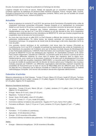 De plus, Eurostat prend en charge les publications et l’échange de données.
L’agence chargée de la mise en œuvre, Adetef, est appuyée par un consortium international composé                        01
d’instituts nationaux de statistique de plusieurs États membres (Espagne, France, Hongrie, Italie, Lituanie,
Portugal et Royaume-Uni) et de deux pays partenaires (Jordanie, Maroc) ainsi que de sociétés de conseil
(ICON-INSTITUT Public Sector, InWent et SOGETI).


Actualités
ƒ    Après la signature du contrat le 27 avril 2010, les services de la Commission (EuropeAid et les unités de
     coopération technique concernées d’Eurostat), l’équipe d’experts et un représentant du contractant
     Adetef se sont réunis le 30 avril au Luxembourg pour une première rencontre de lancement de projet ;
ƒ    La réunion annuelle des directeurs des instituts statistiques nationaux des pays partenaires




                                                                                                                         L
     méditerranéens a eu lieu les 6 et 7 mai 2010 à Helsinki où ont été discutés le futur de la coopération




                                                                                                                         A
     statistique euro-méditerranéenne et les orientations de MEDSTAT III, ainsi que d’autres programmes de
     coopération dans le domaine de l’environnement ;




                                                                                                                         L
ƒ    Au cours des mois de juin et juillet 2010, le Chef d’équipe a effectué des missions dans tous les pays




                                                                                                                         E T T R E
     partenaires méditerranéens. En même temps, les experts sectoriels ont commencé les missions
     d’assistance technique. Un programme de travail (note de démarrage) a été rendu disponible à la fin du
     mois de juillet ;
ƒ    Une première réunion technique et de coordination s’est tenue dans les bureaux d’Eurostat au
     Luxembourg les 3 et 4 mai 2010, à laquelle ont participé les représentants des unités de Coopération et
     des Statistiques de population de l’institution ainsi que la Banque mondiale (équipe de Développement




                                                                                                                         D
     et des Partenariats statistiques), l’UNHCR (Field Information and Coordination Support Section), l’expert




                                                                                                                         ’I
     principal de MEDSTAT III pour les statistiques des migrations, M. Giambattista Cantisani, et M. Samir




                                                                                                                         N F O R M A T I O N
     Farid (expert indépendant, mandaté par l’UNHCR). La première partie de la réunion a permis de faire le
     point sur les différentes initiatives en cours dans le secteur des migrations dans la région euro-
     méditerranéenne, puis a porté sur la discussion d’options et de plans pour le développement et la mise
     en œuvre du projet des enquêtes migratoires (MED-HIMS). La seconde partie était dédiée à l’examen
     du projet de modèle de questionnaire afin de discuter de futures options pour l’intégration des nouveaux
     modules proposés par l’UNHCR. Les différentes organisations internationales explorent ensemble les
     possibilités de financement pour la mise en œuvre de MED-HIMS dans les différents pays. Des fonds
     ont déjà été mis à disposition par la Banque mondiale et l’UNHCR pour le développement du matériel
     méthodologique d’enquête. Une réunion des donateurs devrait être organisée ultérieurement.


Calendrier d’activités




                                                                                                                         D E
Missions préparatoires du Chef d’équipe : Tunisie (7-9 juin), Maroc (21-23 juin), Israël (27-29 juin), Territoire
palestinien occupé (30 juin-2 juillet), Jordanie (11-12 juillet), Égypte (13-15 juillet), Syrie (18-20 juillet), Liban




                                                                                                                         M
(21-23 juillet), Algérie (15-16 septembre).




                                                                                                                         E D S T A T
Missions d’assistance technique :
ƒ    Agriculture : Tunisie (7-9 juin), Maroc (28 juin – 2 juillet), Jordanie (11-13 juillet), Liban (14-16 juillet),
     Algérie (14-16 septembre) ;
ƒ    Énergie : Maroc (8-10 Juin), Liban (21-23 juin) ;
ƒ    Migrations : Tunisie (8-10 juin) ;
                                                                                                                         III


ƒ    Social : Syrie (18-20 juillet), Liban (21-23 juillet) ;
ƒ    Transport : Tunisie (11 -17 juin), Israël (5-6 juillet) ;
ƒ    Commerce extérieur et balance des paiements : Égypte (14-17 juin), Syrie (18-21 juillet) ;
ƒ    Formation et diffusion : Syrie (7-10 juin et 17 juin), Jordanie (13-15 juin), Égypte (27 juin – 1er juillet).

Task Force :
ƒ    Formation : 11-12 octobre à Luxembourg ;
ƒ    Agriculture :  GpFHPEUH à Paris ;
ƒ    Energie : 22-23 novembre à Bruxelles ;
ƒ    Commerce extérieur et balance des paiements : 14-15 décembre à Luxembourg.

Atelier :
                                                                                                                          Août
ƒ    Energie – Balances énergétiques : 24-26 novembre à Bruxelles.                                                       2010
 
