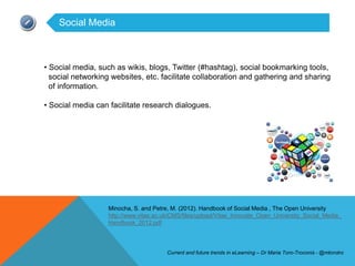 Social Media



• Social media, such as wikis, blogs, Twitter (#hashtag), social bookmarking tools,
  social networking websites, etc. facilitate collaboration and gathering and sharing
  of information.

• Social media can facilitate research dialogues.




                   Minocha, S. and Petre, M. (2012). Handbook of Social Media , The Open University
                   http://www.vitae.ac.uk/CMS/files/upload/Vitae_Innovate_Open_University_Social_Media_
                   Handbook_2012.pdf




                                        Current and future trends in eLearning – Dr Maria Toro-Troconis - @mtorotro
 