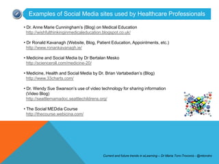 Examples of Social Media sites used by Healthcare Professionals

• Dr. Anne Marie Cunningham’s (Blog) on Medical Education
  http://wishfulthinkinginmedicaleducation.blogspot.co.uk/

• Dr Ronald Kavanagh (Website, Blog, Patient Education, Appointments, etc.)
  http://www.ronankavanagh.ie/

• Medicine and Social Media by Dr Bertalan Mesko
  http://scienceroll.com/medicine-20/

• Medicine, Health and Social Media by Dr. Brian Vartabedian’s (Blog)
  http://www.33charts.com/

• Dr. Wendy Sue Swanson’s use of video technology for sharing information
  (Video Blog)
  http://seattlemamadoc.seattlechildrens.org/

• The Social MEDdia Course
  http://thecourse.webicina.com/




                                         Current and future trends in eLearning – Dr Maria Toro-Troconis - @mtorotro
 
