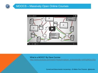 MOOCS – Massively Open Online Courses




         What is a MOOC? By Dave Cormier
         http://www.youtube.com/watch?feature=player_embedded&v=eW3gMGqcZQc




                         Current and future trends in eLearning – Dr Maria Toro-Troconis - @mtorotro
 