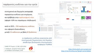 συστηματική και δομημένη καταγραφή
παραγόντων κινδύνου για ενημέρωση
και πρόβλεψη στην καρδιονεφρική νόσο
(αφορά >10% του παγκόσμιου πληθυσμού)
κατά τo 2015… 250 παράγοντες κινδύνου
που αφορούν διασυνδέσεις
μεταξύ 53 ασθενειών με βάση 82 βιοδείκτες
https://entry.duth.carre-project.eu/
https://risk.thrombus.eu/?graph=carreriskdata
παράγοντες κινδύνου για την υγεία
CARRE FP7 Project, 3.2 M€, 2013-2016
E. Kaldoudi, European Project Space
on Intelligent Technologies, 2016
οι παράγοντες κινδύνου ανακτώνται από
επιστημονικές δημοσιεύσεις στο δημόσιο
αποθετήριο βιοϊατρικών επιστημονικών
αναφορών PubMed
 