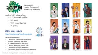 Ε. Καλδούδη, MedNight 2024, ΕΚ ΑΘΗΝΑ, Ξάνθη, 27 Σεπ 2024
Jordi Kontis Nefeli Zikou Daniel Kotsi Melina Zikou
Giannis Thymianidis Pavlos Chatzoudis Christos Mantis Michalis Sarris
Alkmini Zania Nikolas Romanidis Evangelia Maleskou Anastasia Tzima
παγκόσμιος
ετήσιος διαγωνισμός
συνθετικής βιολογίας
κατά το 2021 πήραν μέρος:
− 253 φοιτητικές ομάδες
− 323 κριτές
− 7314 συμμετέχοντες
− 46 χώρες
https://2021.igem.org/Team:Greece_United
iGEM 2021 NOUS
Υπεύθυνοι διδάσκοντες:
− Ε. Καλδούδη, Καθηγήτρια, Ιατρική ΔΠΘ
− Ν. Γλυκός, Καθηγητής, ΜΒΓ ΔΠΘ
− Μ. Κόφφα, Καθηγήτρια, ΜΒΓ ΔΠΘ
− Γ. Δρόσος, Καθηγητής, Ιατρική ΔΠΘ
− Γ. Δροσάτος, Ερευνητής, ΕΚ ΑΘΗΝΑ
− Χ. Ευσταθίου, Διδακτορικός Φοιτητής, ΜΒΓ ΔΠΘ
 