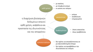 − με κανόνες
− με σύμφωνη γνώμη
− εν γνώση του ατόμου
− γνήσια
− αναλλοίωτα
− ενημερωμένα
− όποτε απαιτείται
− όπως προβλέπεται
− δεν πρέπει να αποκαλύπτονται σε
μη εξουσιοδοτημένα άτομα
− δεν πρέπει να προσβάλλουν την
ιδιωτικότητα του ατόμου
ορθή χρήση
ακεραιότητα
διαθεσιμότητα
εμπιστευτικότητα
μη
αποποίηση
54
η διαχείριση βιοϊατρικών
δεδομένων απαιτεί
ορθή χρήση, ασφάλεια και
προστασία της ιδιωτικότητας
και του απορρήτου
 
