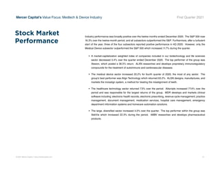 © 2021 Mercer Capital // www.mercercapital.com 13
Mercer Capital’s Value Focus: Medtech  Device Industry First Quarter 2021
Industry performance was broadly positive over the twelve months ended December 2020. The SP 500 rose
16.3% over the twelve-month period, and all subsectors outperformed the SP. Furthermore, after a turbulent
start of the year, three of the four subsectors reported positive performance in 4Q 2020. However, only the
Medical Device subsector outperformed the SP 500 which increased 11.7% during the quarter.
•	 A market-capitalization weighted index of companies included in our biotechnology and life sciences
sector decreased 3.4% over the quarter ended December 2020. The top performer of the group was
Alexion, which posted a 36.5% return. ALXN researches and develops proprietary immunoregulatory
compounds for the treatment of autoimmune and cardiovascular diseases.
•	 The medical device sector increased 20.2% for fourth quarter of 2020, the most of any sector. The
group’s best performer was Align Technology which returned 63.2%. ALGN designs, manufactures, and
markets the invisalign system, a method for treating the misalignment of teeth.
•	 The healthcare technology sector returned 7.3% over the period. Allscripts increased 77.4% over the
period and was responsible for the largest returns of the group. MDR develops and markets clinical
software including electronic health records, electronic prescribing, revenue cycle management, practice
management, document management, medication services, hospital care management, emergency
department information systems and homecare automation solutions.
•	 The large, diversified sector increased 4.0% over the quarter. The top performer within the group was
AbbVie which increased 22.3% during the period. ABBV researches and develops pharmaceutical
products.
Stock Market
Performance
 