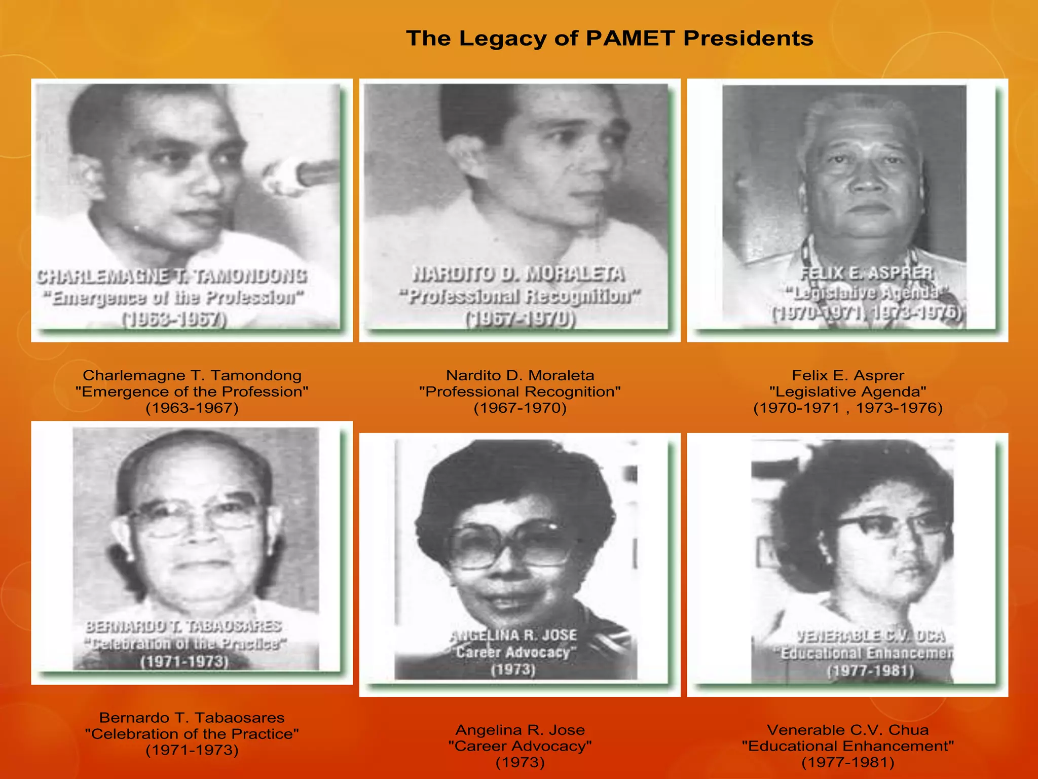 The Legacy of PAMET Presidents
Charlemagne T. Tamondong
"Emergence of the Profession"
(1963-1967)
Nardito D. Moraleta
"Professional Recognition"
(1967-1970)
Felix E. Asprer
"Legislative Agenda"
(1970-1971 , 1973-1976)
Bernardo T. Tabaosares
"Celebration of the Practice"
(1971-1973)
Angelina R. Jose
"Career Advocacy"
(1973)
Venerable C.V. Chua
"Educational Enhancement"
(1977-1981)
 