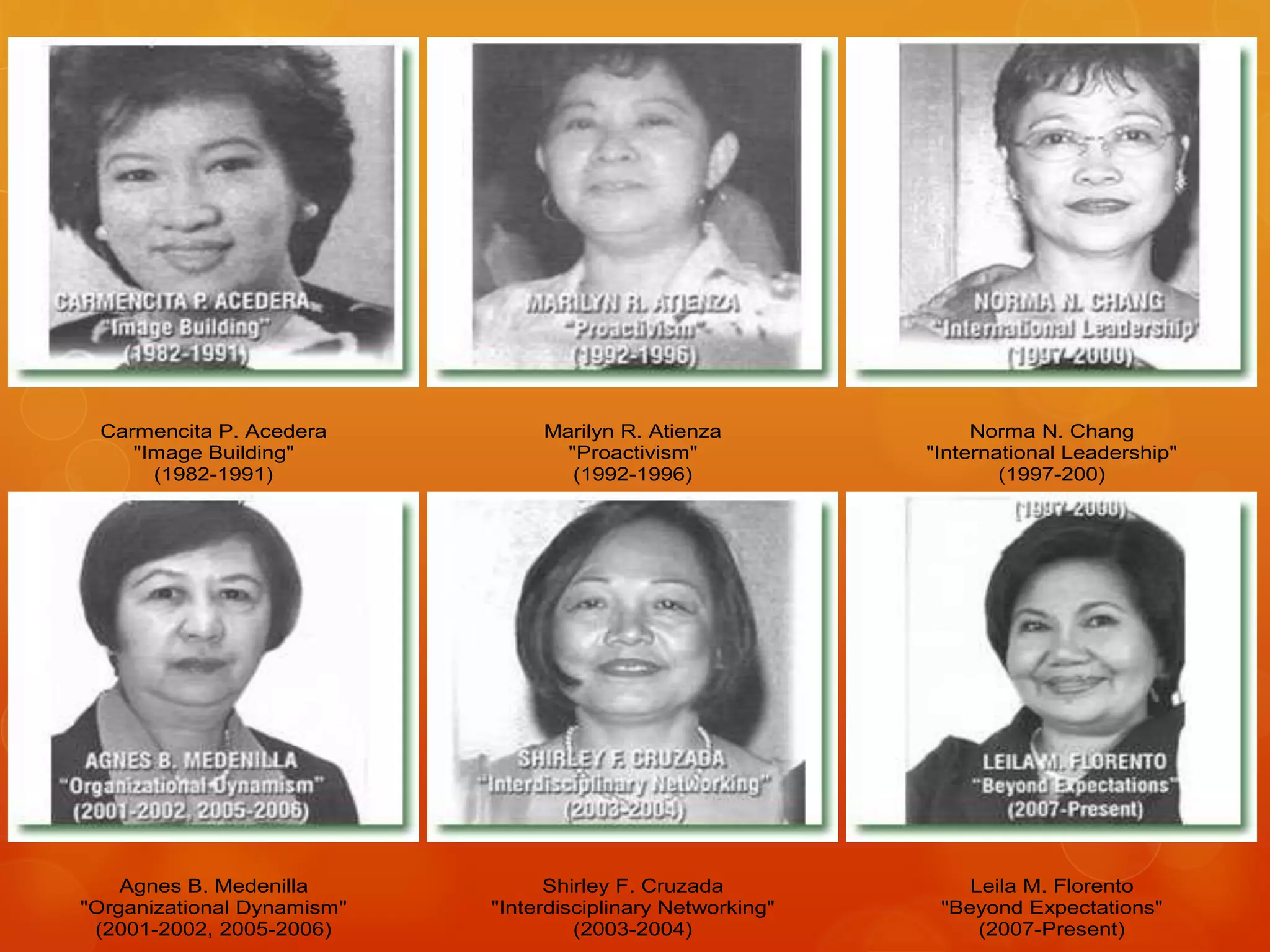 Carmencita P. Acedera
"Image Building"
(1982-1991)
Marilyn R. Atienza
"Proactivism"
(1992-1996)
Norma N. Chang
"International Leadership"
(1997-200)
Agnes B. Medenilla
"Organizational Dynamism"
(2001-2002, 2005-2006)
Shirley F. Cruzada
"Interdisciplinary Networking"
(2003-2004)
Leila M. Florento
"Beyond Expectations"
(2007-Present)
 