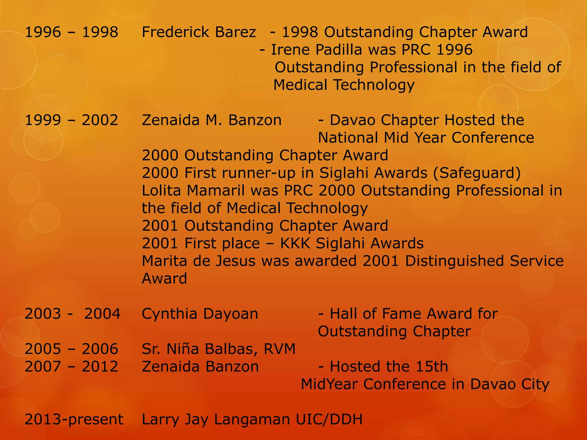 1996 – 1998 Frederick Barez - 1998 Outstanding Chapter Award
- Irene Padilla was PRC 1996
Outstanding Professional in the field of
Medical Technology
1999 – 2002 Zenaida M. Banzon - Davao Chapter Hosted the
National Mid Year Conference
2000 Outstanding Chapter Award
2000 First runner-up in Siglahi Awards (Safeguard)
Lolita Mamaril was PRC 2000 Outstanding Professional in
the field of Medical Technology
2001 Outstanding Chapter Award
2001 First place – KKK Siglahi Awards
Marita de Jesus was awarded 2001 Distinguished Service
Award
2003 - 2004 Cynthia Dayoan - Hall of Fame Award for
Outstanding Chapter
2005 – 2006 Sr. Niña Balbas, RVM
2007 – 2012 Zenaida Banzon - Hosted the 15th
MidYear Conference in Davao City
2013-present Larry Jay Langaman UIC/DDH
 