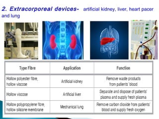 2. Extracorporeal devices- artificial kidney, liver, heart pacer
and lung
 