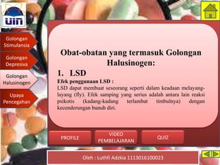 Golongan
Stimulansia
Golongan
Depresiva
Golongan
Halusinogen
Upaya
Pencegahan
Oleh : Luthfi Adzkia 1113016100023
PROFILE QUIZ
VIDEO
PEMBELAJARAN
Obat-obatan yang termasuk Golongan
Halusinogen:
1. LSD
Efek penggunaan LSD :
LSD dapat membuat seseorang seperti dalam keadaan melayang-
layang (fly). Efek samping yang serius adalah antara lain reaksi
psikotis (kadang-kadang terlambat timbulnya) dengan
kecenderungan bunuh diri.
Golongan
Halusinogen
 