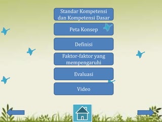 Standar Kompetensi
dan Kompetensi Dasar

    Peta Konsep

      Definisi

 Faktor-faktor yang
  mempengaruhi

      Evaluasi

       Video
 