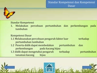 Standar Kompetensi dan Kompetensi
                                           Dasar




Standar Kompetensi
1. Melakukan percobaan pertumbuhan dan perkembangan pada
    tumbuhan

Kompetensi Dasar
1.1 Melaksanakan percobaan pengaruh faktor luar        terhadap
    pertumbuhan tumbuhan
1.2 Peserta didik dapat membedakan       pertumbuhan   dan
    perkembangan         pada kacang hijau
1.3 didik dapat mengetahui pengaruh      terhadap       pertumbuhan
    tanaman kacang       hijau
 