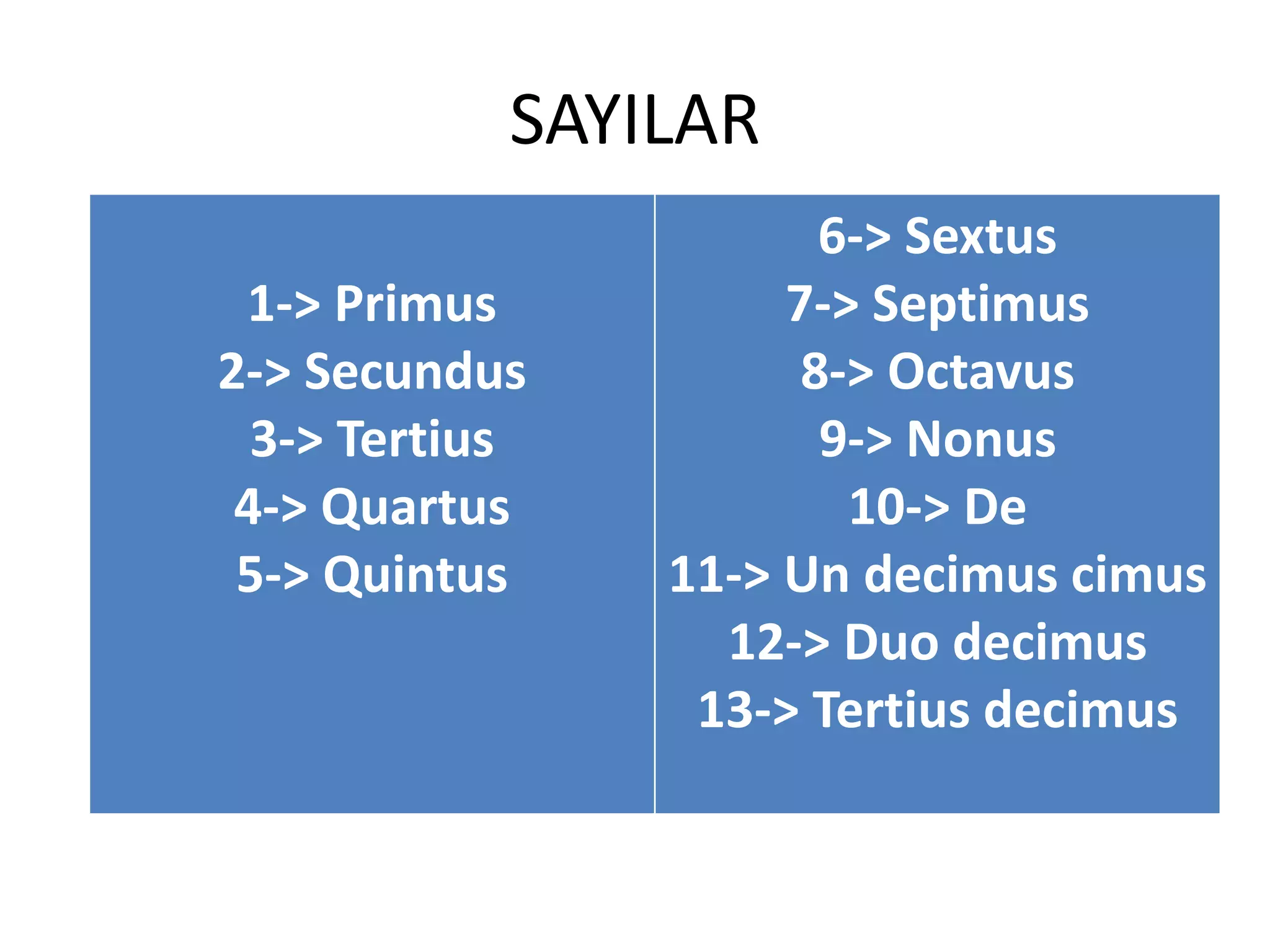 SAYILAR
1-> Primus
2-> Secundus
3-> Tertius
4-> Quartus
5-> Quintus
6-> Sextus
7-> Septimus
8-> Octavus
9-> Nonus
10-> De
11-> Un decimus cimus
12-> Duo decimus
13-> Tertius decimus
 