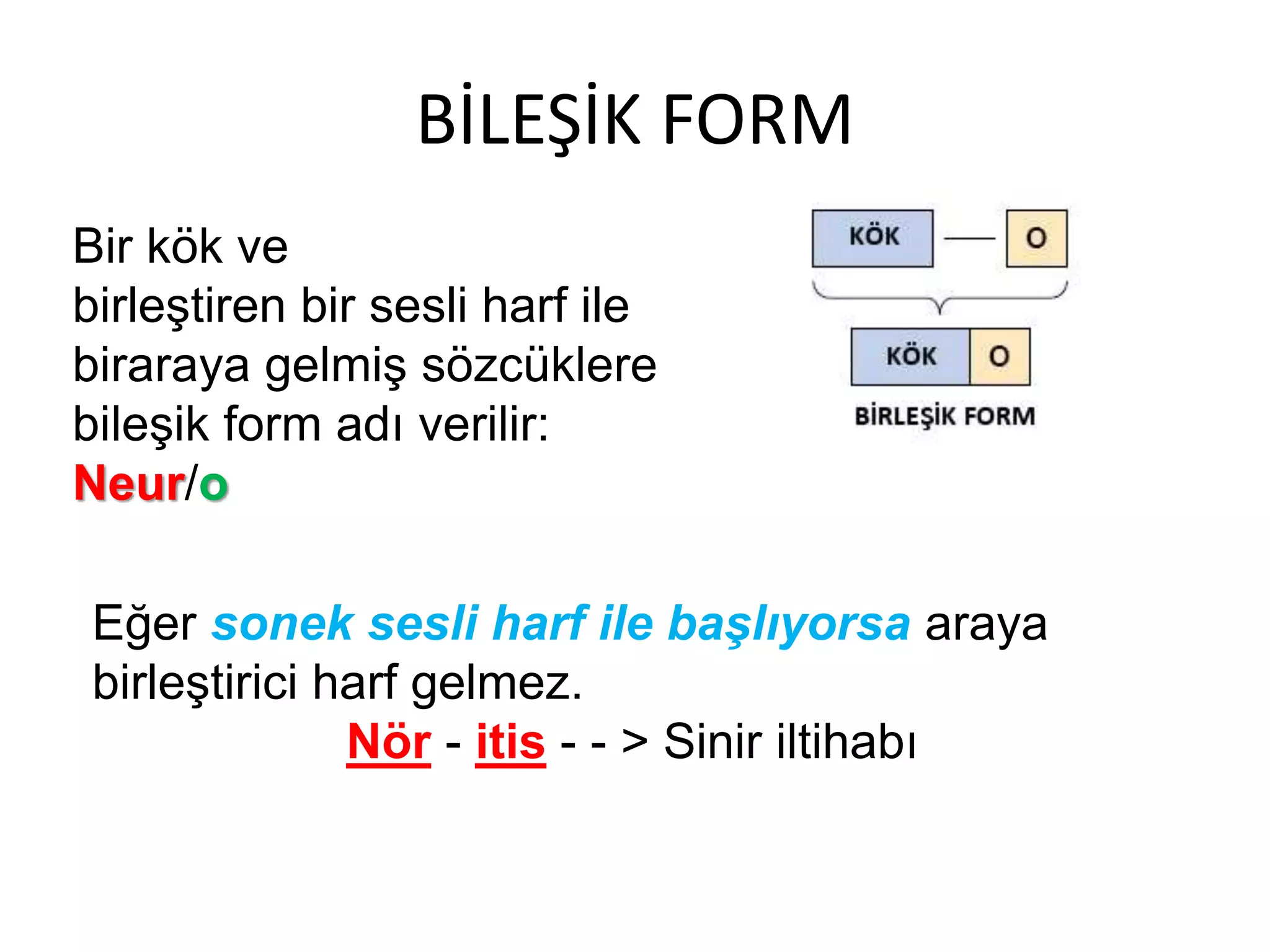 BİLEŞİK FORM
Bir kök ve
birleştiren bir sesli harf ile
biraraya gelmiş sözcüklere
bileşik form adı verilir:
Neur/o
Eğer sonek sesli harf ile başlıyorsa araya
birleştirici harf gelmez.
Nör - itis - - > Sinir iltihabı
 