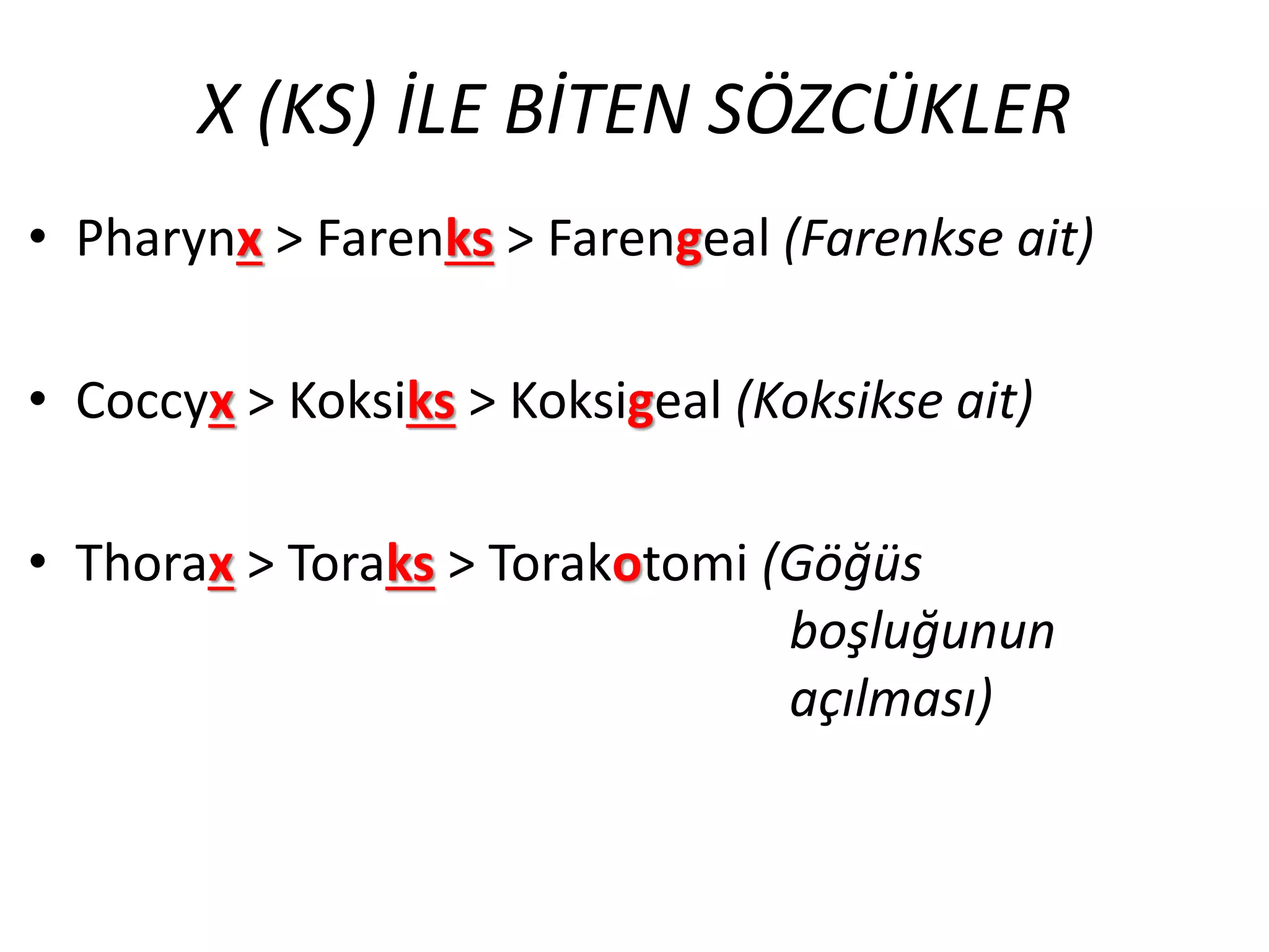 X (KS) İLE BİTEN SÖZCÜKLER
• Pharynx > Farenks > Farengeal (Farenkse ait)
• Coccyx > Koksiks > Koksigeal (Koksikse ait)
• Thorax > Toraks > Torakotomi (Göğüs
boşluğunun
açılması)
 