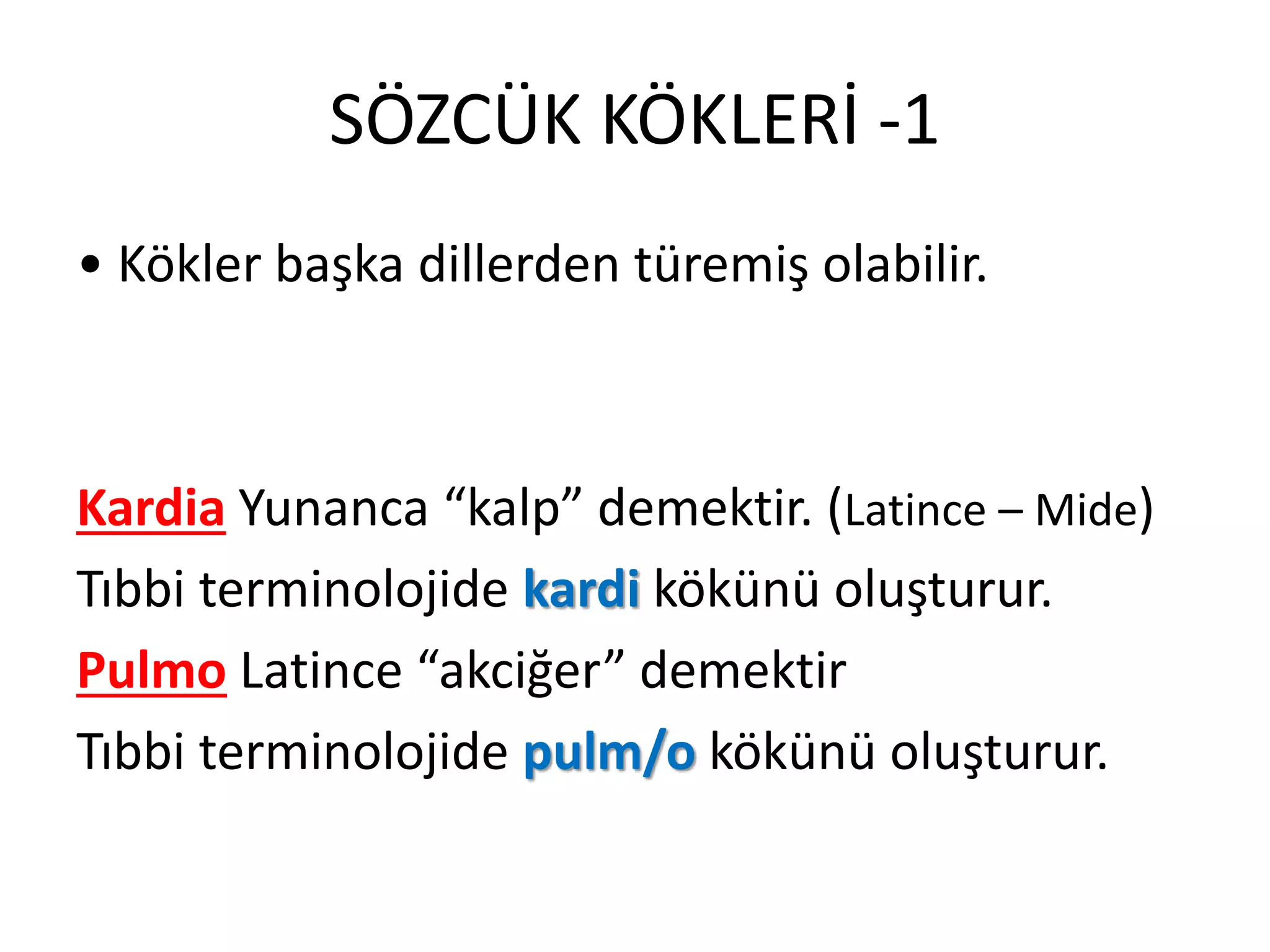 SÖZCÜK KÖKLERİ -1
• Kökler başka dillerden türemiş olabilir.
Kardia Yunanca “kalp” demektir. (Latince – Mide)
Tıbbi terminolojide kardi kökünü oluşturur.
Pulmo Latince “akciğer” demektir
Tıbbi terminolojide pulm/o kökünü oluşturur.
 