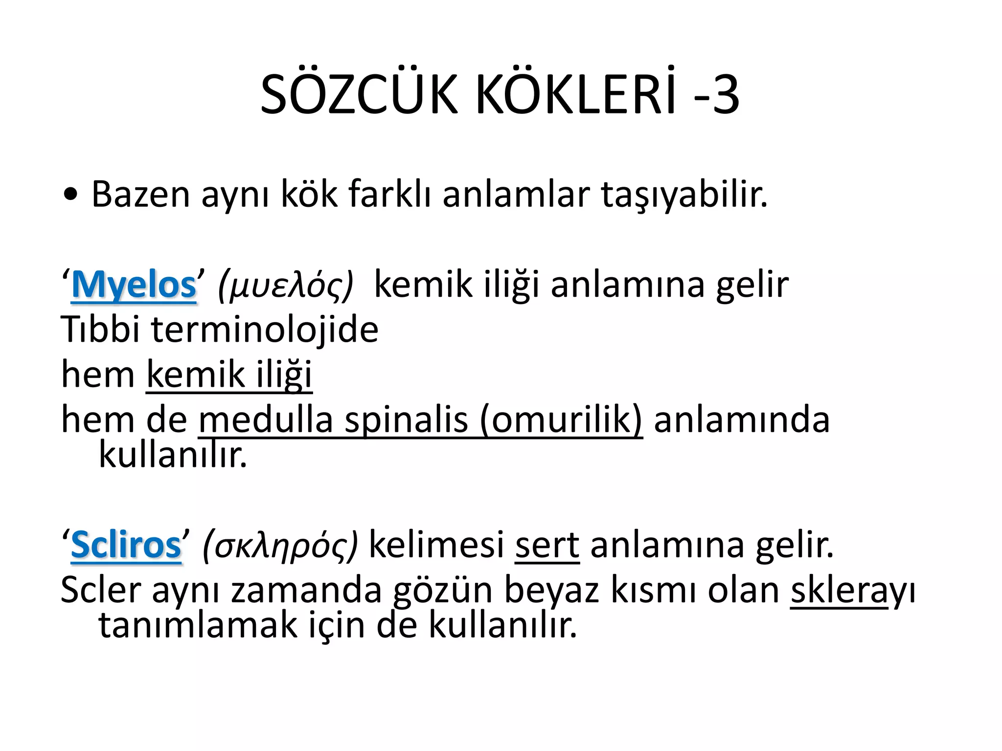 SÖZCÜK KÖKLERİ -3
• Bazen aynı kök farklı anlamlar taşıyabilir.
‘Myelos’ (μυελός) kemik iliği anlamına gelir
Tıbbi terminolojide
hem kemik iliği
hem de medulla spinalis (omurilik) anlamında
kullanılır.
‘Scliros’ (σκληρός) kelimesi sert anlamına gelir.
Scler aynı zamanda gözün beyaz kısmı olan sklerayı
tanımlamak için de kullanılır.
 
