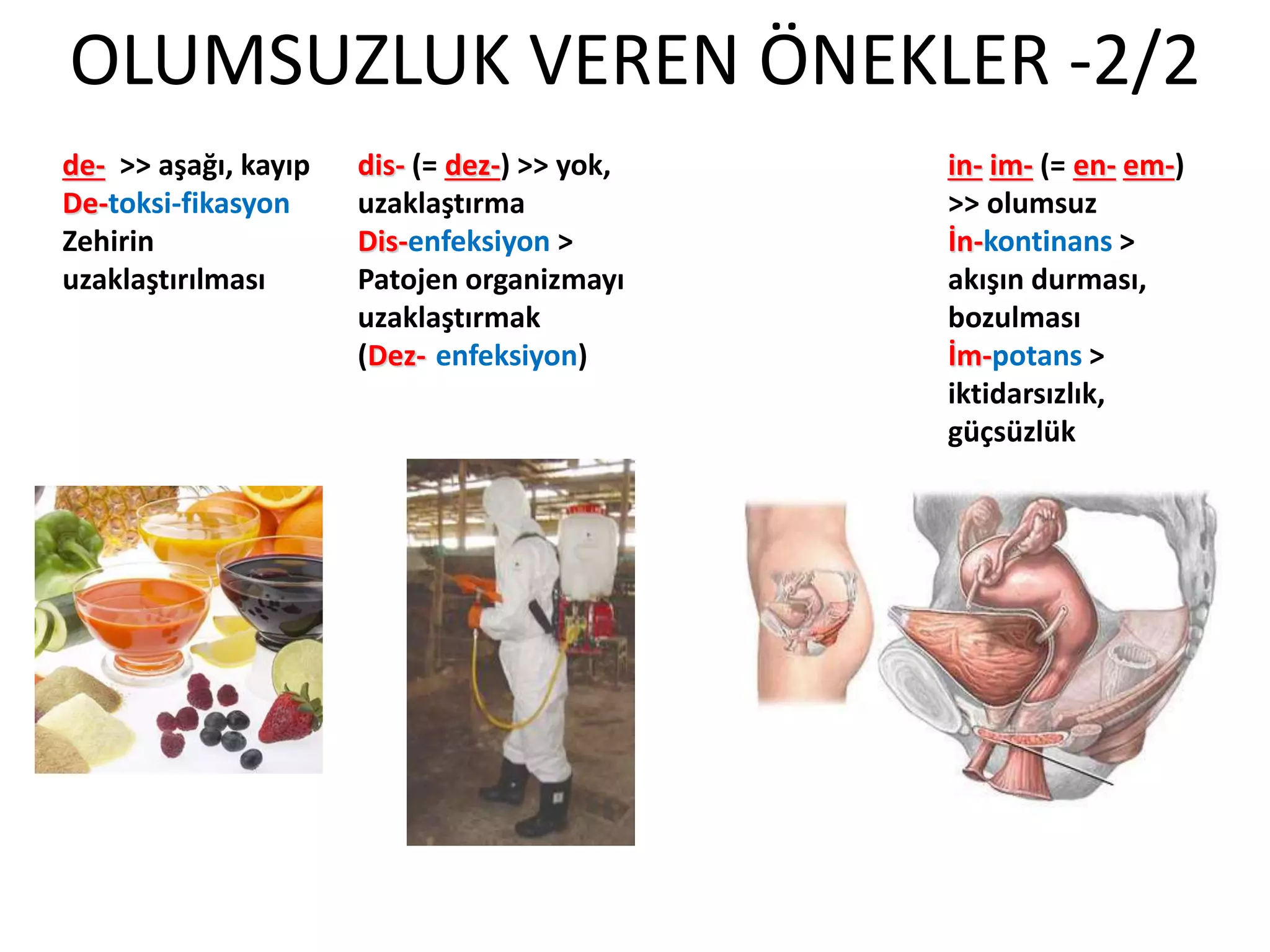 OLUMSUZLUK VEREN ÖNEKLER -2/2
de- >> aşağı, kayıp
De-toksi-fikasyon >
Zehirin
uzaklaştırılması
dis- (= dez-) >> yok,
uzaklaştırma
Dis-enfeksiyon >
Patojen organizmayı
uzaklaştırmak
(Dez--enfeksiyon)
in- im- (= en- em-)
>> olumsuz
İn-kontinans >
akışın durması,
bozulması
İm-potans >
iktidarsızlık,
güçsüzlük
 