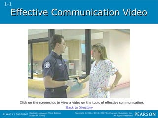 Effective CCoommmmuunniiccaattiioonn VViiddeeoo 
Click on the screenshot to view a video on the topic of effective communication. 
Medical Language, Third Edition 
Susan M. Turley 
Copyright © 2014, 2011, 2007 by Pearson Education, Inc. 
All Rights Reserved 
Back to Directory 
1-1 
 