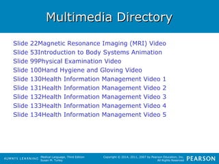 MMuullttiimmeeddiiaa DDiirreeccttoorryy 
Slide 22Magnetic Resonance Imaging (MRI) Video 
Slide 53Introduction to Body Systems Animation 
Slide 99Physical Examination Video 
Slide 100Hand Hygiene and Gloving Video 
Slide 130Health Information Management Video 1 
Slide 131Health Information Management Video 2 
Slide 132Health Information Management Video 3 
Slide 133Health Information Management Video 4 
Slide 134Health Information Management Video 5 
Medical Language, Third Edition 
Susan M. Turley 
Copyright © 2014, 2011, 2007 by Pearson Education, Inc. 
All Rights Reserved 
 
