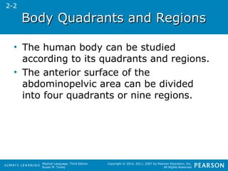BBooddyy QQuuaaddrraannttss aanndd RReeggiioonnss 
• The human body can be studied 
according to its quadrants and regions. 
• The anterior surface of the 
abdominopelvic area can be divided 
into four quadrants or nine regions. 
Medical Language, Third Edition 
Susan M. Turley 
Copyright © 2014, 2011, 2007 by Pearson Education, Inc. 
All Rights Reserved 
2-2 
 