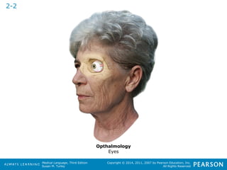 Medical Language, Third Edition 
Susan M. Turley 
Copyright © 2014, 2011, 2007 by Pearson Education, Inc. 
All Rights Reserved 
2-2 
Opthalmology 
Eyes 
 