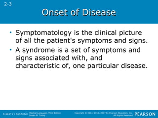 OOnnsseett ooff DDiisseeaassee 
• Symptomatology is the clinical picture 
of all the patient's symptoms and signs. 
• A syndrome is a set of symptoms and 
signs associated with, and 
characteristic of, one particular disease. 
Medical Language, Third Edition 
Susan M. Turley 
Copyright © 2014, 2011, 2007 by Pearson Education, Inc. 
All Rights Reserved 
2-3 
 