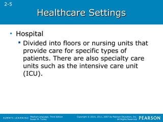 HHeeaalltthhccaarree SSeettttiinnggss 
Medical Language, Third Edition 
Susan M. Turley 
Copyright © 2014, 2011, 2007 by Pearson Education, Inc. 
All Rights Reserved 
• Hospital 
 Divided into floors or nursing units that 
provide care for specific types of 
patients. There are also specialty care 
units such as the intensive care unit 
(ICU). 
2-5 
 