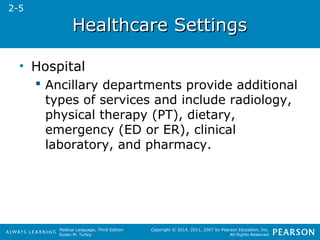 HHeeaalltthhccaarree SSeettttiinnggss 
Medical Language, Third Edition 
Susan M. Turley 
Copyright © 2014, 2011, 2007 by Pearson Education, Inc. 
All Rights Reserved 
• Hospital 
 Ancillary departments provide additional 
types of services and include radiology, 
physical therapy (PT), dietary, 
emergency (ED or ER), clinical 
laboratory, and pharmacy. 
2-5 
 