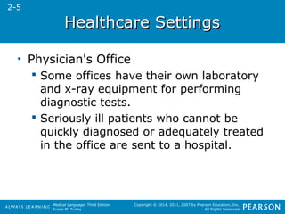HHeeaalltthhccaarree SSeettttiinnggss 
Medical Language, Third Edition 
Susan M. Turley 
Copyright © 2014, 2011, 2007 by Pearson Education, Inc. 
All Rights Reserved 
• Physician's Office 
 Some offices have their own laboratory 
and x-ray equipment for performing 
diagnostic tests. 
 Seriously ill patients who cannot be 
quickly diagnosed or adequately treated 
in the office are sent to a hospital. 
2-5 
 