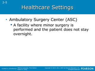 HHeeaalltthhccaarree SSeettttiinnggss 
• Ambulatory Surgery Center (ASC) 
 A facility where minor surgery is 
performed and the patient does not stay 
overnight. 
Medical Language, Third Edition 
Susan M. Turley 
Copyright © 2014, 2011, 2007 by Pearson Education, Inc. 
All Rights Reserved 
2-5 
 