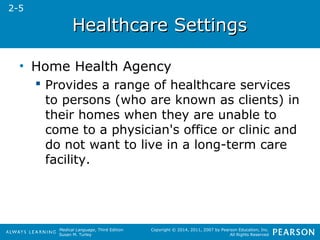HHeeaalltthhccaarree SSeettttiinnggss 
Medical Language, Third Edition 
Susan M. Turley 
Copyright © 2014, 2011, 2007 by Pearson Education, Inc. 
All Rights Reserved 
• Home Health Agency 
 Provides a range of healthcare services 
to persons (who are known as clients) in 
their homes when they are unable to 
come to a physician's office or clinic and 
do not want to live in a long-term care 
facility. 
2-5 
 