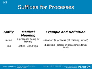 SSuuffffiixxeess ffoorr PPrroocceesssseess 
Medical Language, Third Edition 
Susan M. Turley 
Copyright © 2014, 2011, 2007 by Pearson Education, Inc. 
All Rights Reserved 
Suffix Medical 
Meaning 
Example and Definition 
-ation a process; being or 
having 
urination (a process [of making] urine) 
-ion action; condition digestion (action of break[ing] down 
food) 
1-5 
 