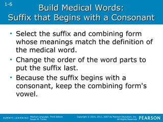 BBuuiilldd MMeeddiiccaall WWoorrddss:: 
SSuuffffiixx tthhaatt BBeeggiinnss wwiitthh aa CCoonnssoonnaanntt 
• Select the suffix and combining form 
whose meanings match the definition of 
the medical word. 
• Change the order of the word parts to 
put the suffix last. 
• Because the suffix begins with a 
consonant, keep the combining form's 
vowel. 
Medical Language, Third Edition 
Susan M. Turley 
Copyright © 2014, 2011, 2007 by Pearson Education, Inc. 
All Rights Reserved 
1-6 
 