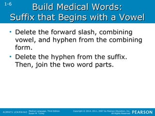 BBuuiilldd MMeeddiiccaall WWoorrddss:: 
SSuuffffiixx tthhaatt BBeeggiinnss wwiitthh aa VVoowweell 
• Delete the forward slash, combining 
vowel, and hyphen from the combining 
form. 
• Delete the hyphen from the suffix. 
Then, join the two word parts. 
Medical Language, Third Edition 
Susan M. Turley 
Copyright © 2014, 2011, 2007 by Pearson Education, Inc. 
All Rights Reserved 
1-6 
 