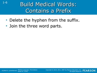 BBuuiilldd MMeeddiiccaall WWoorrddss:: 
CCoonnttaaiinnss aa PPrreeffiixx 
• Delete the hyphen from the suffix. 
• Join the three word parts. 
Medical Language, Third Edition 
Susan M. Turley 
Copyright © 2014, 2011, 2007 by Pearson Education, Inc. 
All Rights Reserved 
1-6 
 
