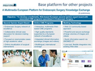 A Multimedia European Platform for Endoscopic Surgery Knowledge Exchange   (A preliminary proposal for the 7th Framework Programme of the EC) Second Opinion Expert Board Online CME Programs Objective : “To develop a multimedia, Web-based European second opinion expert board with associated CME programs specialized in Endoscopic Surgery .”  Medting  Technology Endoscopic Surgery network of excellence Collaborative clinical case discussion for decision-making support Focused on rare/complex cases of high academic value Online visualization of surgical interventions Interactive, multimedia Web-based CME programs High quality standards supported by a European network of excellence Integrated clinical information exchange (images and videos) Multilingual, international coverage  Web 2.0 community-based approach Powerful and secure exchange of large volumes of images and videos Quick information search via SNOMED CT Low-cost, flexible integration into existing Web sites  Base platform for other projects 
