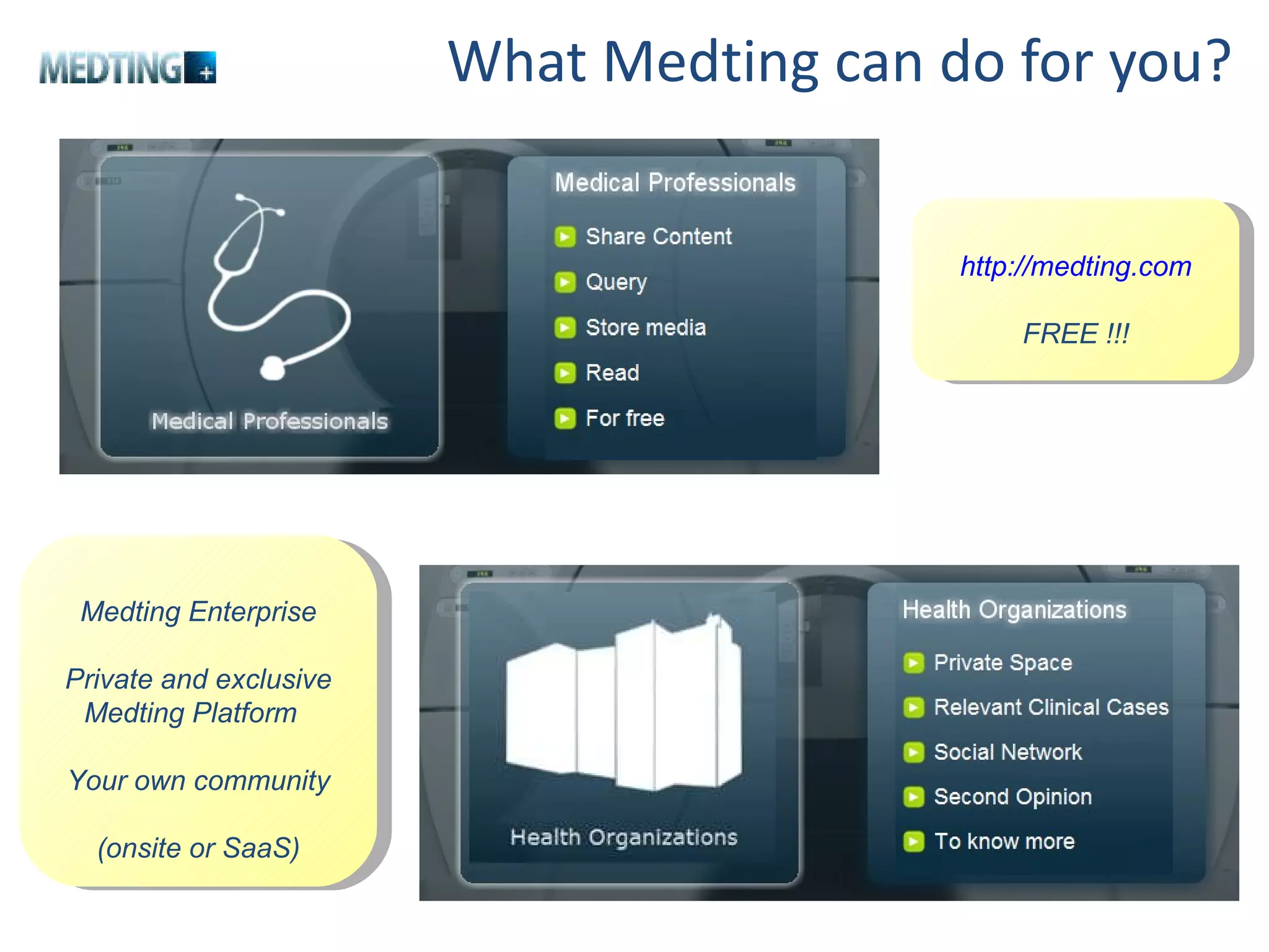 What Medting can do for you? http://medting.com FREE !!! Medting Enterprise Private and exclusive Medting Platform  Your own community (onsite or SaaS) 