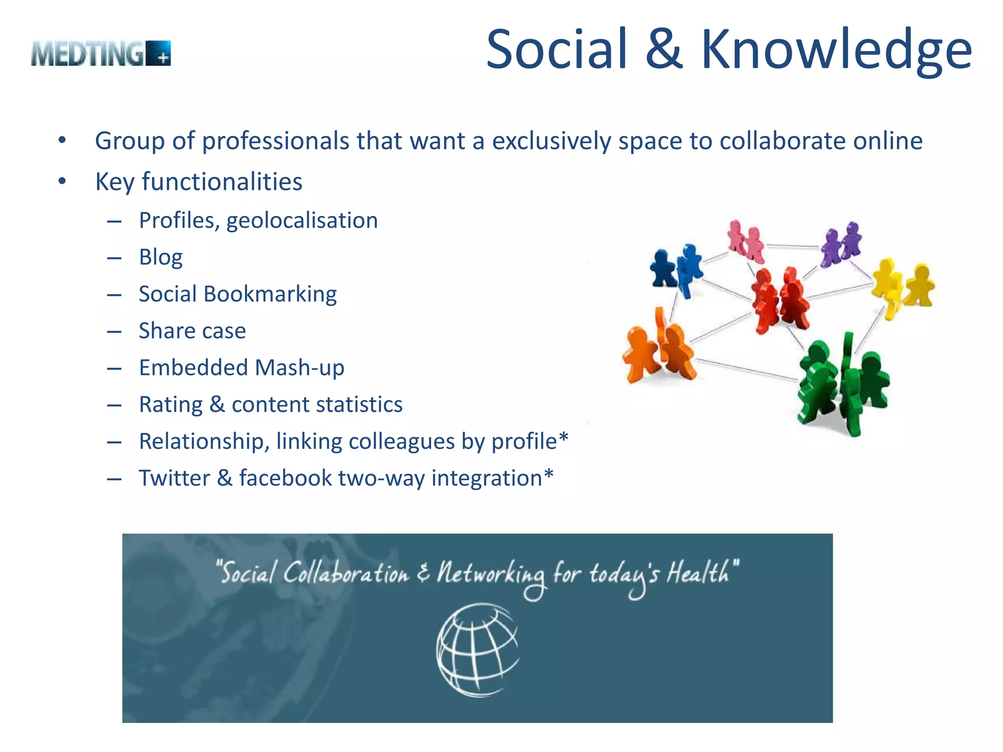 Social & Knowledge Group of professionals that want a exclusively space to collaborate online Key functionalities Profiles, geolocalisation Blog Social Bookmarking Share case  Embedded Mash-up Rating & content statistics Relationship, linking colleagues by profile* Twitter & facebook two-way integration* 