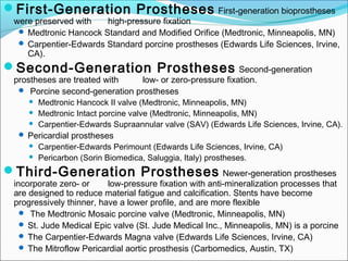 First-Generation Prostheses First-generation bioprostheses
were preserved with high-pressure fixation
 Medtronic Hancock Standard and Modified Orifice (Medtronic, Minneapolis, MN)
 Carpentier-Edwards Standard porcine prostheses (Edwards Life Sciences, Irvine,
CA).
Second-Generation Prostheses Second-generation
prostheses are treated with low- or zero-pressure fixation.
 Porcine second-generation prostheses
 Medtronic Hancock II valve (Medtronic, Minneapolis, MN)
 Medtronic Intact porcine valve (Medtronic, Minneapolis, MN)
 Carpentier-Edwards Supraannular valve (SAV) (Edwards Life Sciences, Irvine, CA).
 Pericardial prostheses
 Carpentier-Edwards Perimount (Edwards Life Sciences, Irvine, CA)
 Pericarbon (Sorin Biomedica, Saluggia, Italy) prostheses.
Third-Generation Prostheses Newer-generation prostheses
incorporate zero- or low-pressure fixation with anti-mineralization processes that
are designed to reduce material fatigue and calcification. Stents have become
progressively thinner, have a lower profile, and are more flexible
 The Medtronic Mosaic porcine valve (Medtronic, Minneapolis, MN)
 St. Jude Medical Epic valve (St. Jude Medical Inc., Minneapolis, MN) is a porcine
 The Carpentier-Edwards Magna valve (Edwards Life Sciences, Irvine, CA)
 The Mitroflow Pericardial aortic prosthesis (Carbomedics, Austin, TX)
 