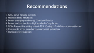 Recommendations 
1. Settle down pending lawsuits 
2. Maintain brand reputation 
3. Pursue emerging markets eg: China and Mexico 
4. Pursue markets that have high standard of regulation 
5. Offer discount for trading outside U.S. if using U.S. dollar as a transaction unit 
6. Continue to invest in and develop advanced technology 
7. Increase source suppliers 
 