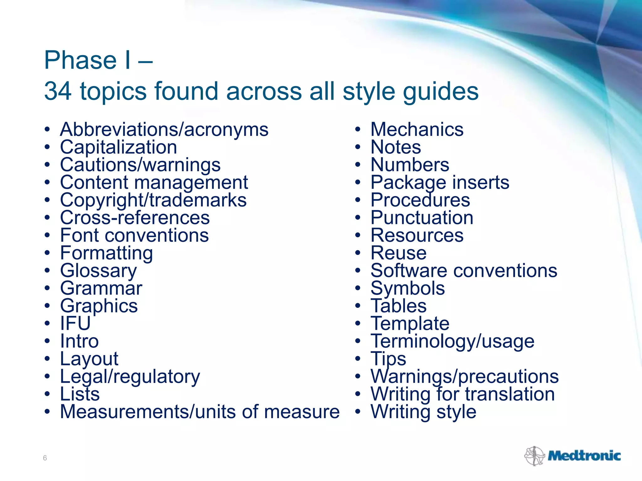 Phase I –
34 topics found across all style guides
• Abbreviations/acronyms
• Capitalization
• Cautions/warnings
• Content management
• Copyright/trademarks
• Cross-references
• Font conventions
• Formatting
• Glossary
• Grammar
• Graphics
• IFU
• Intro
• Layout
• Legal/regulatory
• Lists
• Measurements/units of measure
6
• Mechanics
• Notes
• Numbers
• Package inserts
• Procedures
• Punctuation
• Resources
• Reuse
• Software conventions
• Symbols
• Tables
• Template
• Terminology/usage
• Tips
• Warnings/precautions
• Writing for translation
• Writing style
 